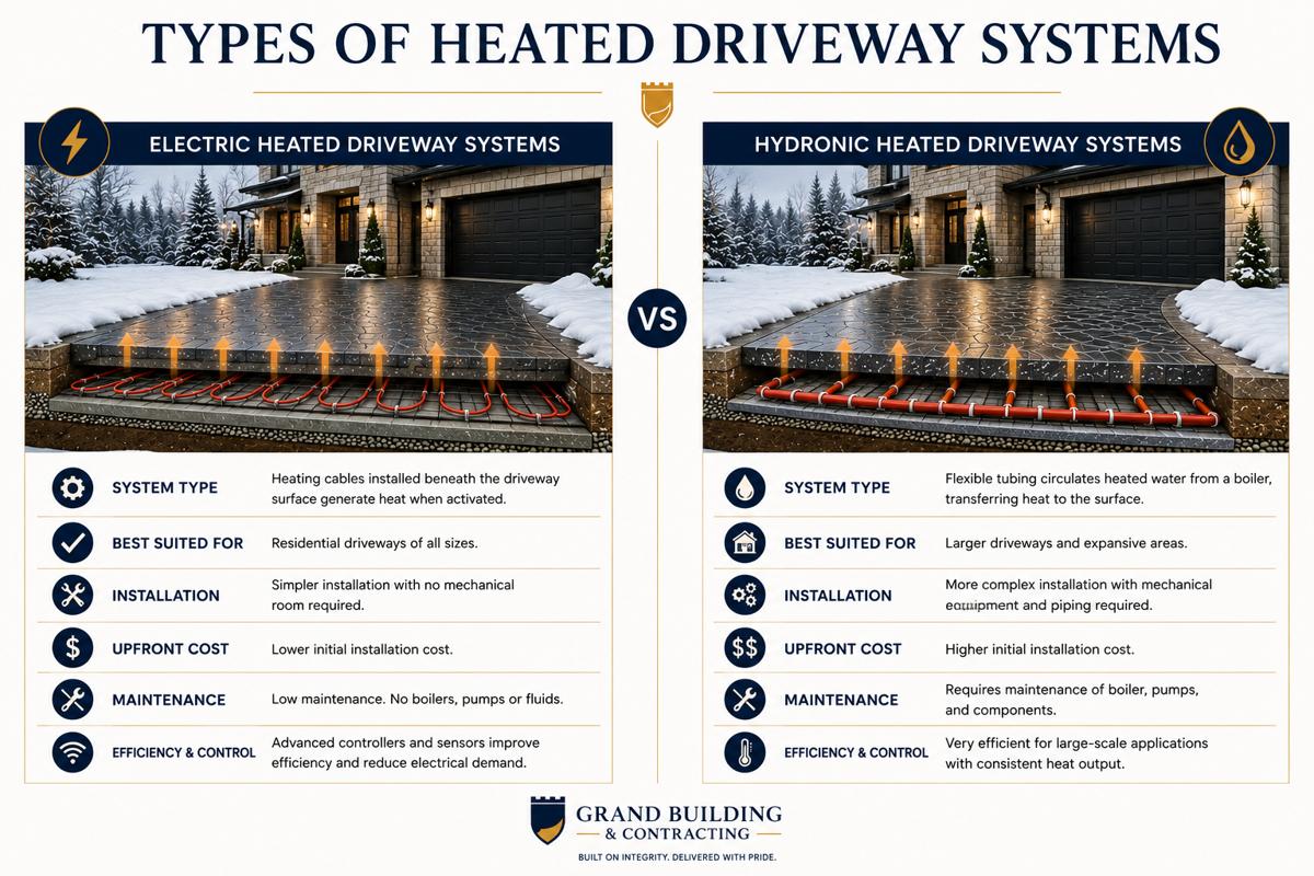 Comparison infographic titled "Types of Heated Driveway Systems" showing side-by-side illustrations of electric and hydronic heated driveway systems beneath a luxury home's snow-covered driveway. The electric system uses heating cables installed beneath the driveway surface, while the hydronic system uses heated water circulating through flexible tubing. Cross-section diagrams display heat rising through the driveway to melt snow and ice. The comparison highlights differences in installation complexity, maintenance requirements, upfront costs, efficiency, and ideal applications. The design features a clean white background with navy and gold branding elements from Grand Building & Contracting
