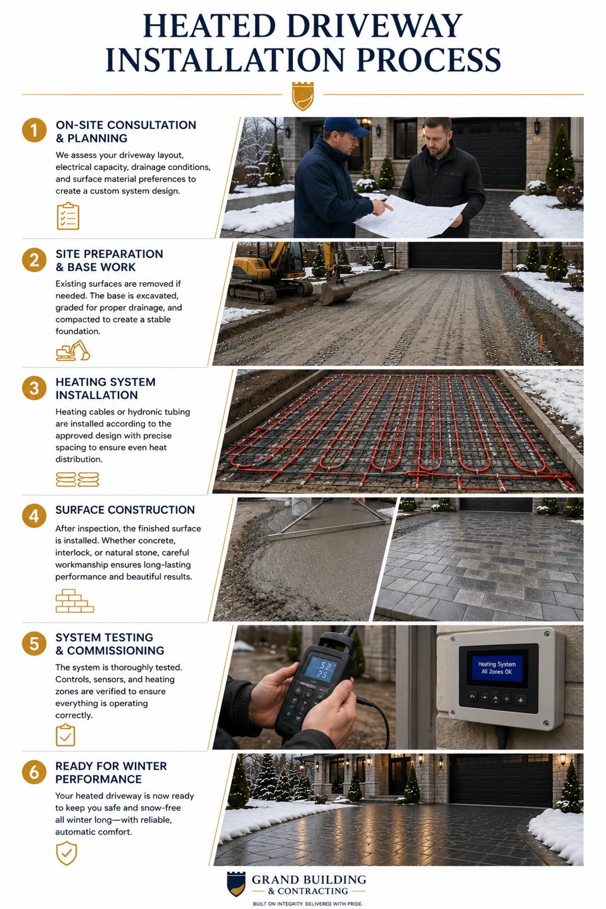 Infographic illustrating the heated driveway installation process in six steps. The visual shows a progression from consultation and planning, site preparation and excavation, heating cable installation, driveway surface construction, system testing and commissioning, and the completed heated driveway. Each stage is represented with a photo and icon, including construction equipment, heating cables installed beneath the driveway, concrete and interlock surface installation, control system testing, and a finished snow-free driveway outside a luxury home. The design features a clean white background with navy and gold branding elements from Grand Building & Contracting.