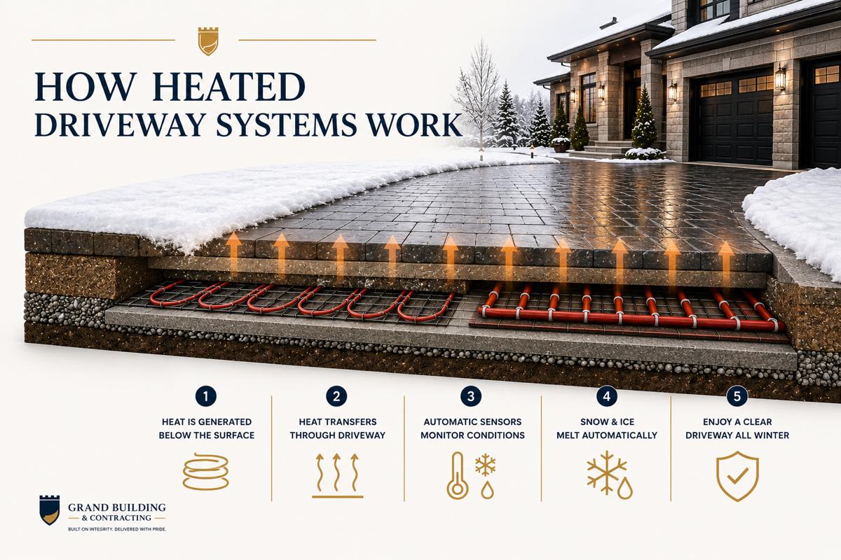 Diagram showing how a heated driveway system works beneath a luxury home's interlock driveway during winter. A 3D cutaway view reveals electric heating cables and hydronic tubing installed below the driveway surface, with heat rising upward to melt snow and ice. The image illustrates five stages of operation: heat generation below the surface, heat transfer through the driveway, automatic sensor monitoring, snow and ice melting, and maintaining a clear driveway throughout winter. The design features a clean white background with navy and gold branding elements from Grand Building & Contracting.