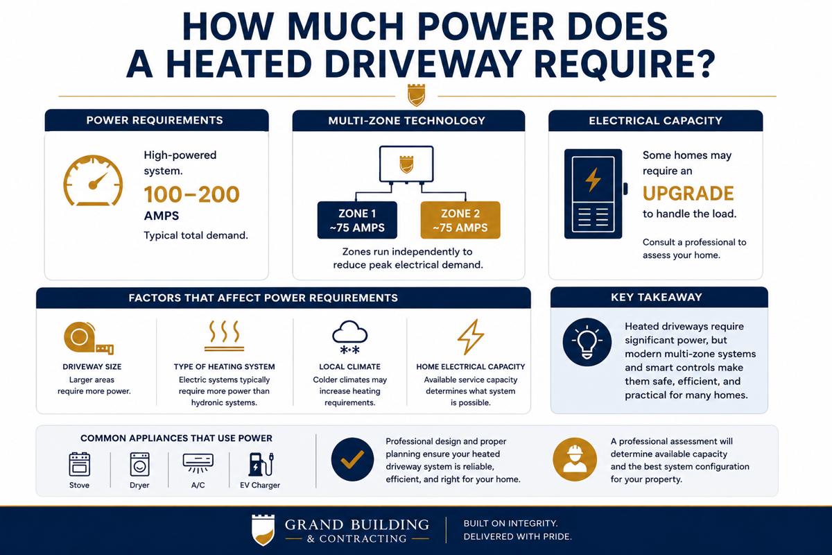 Infographic titled "How Much Power Does a Heated Driveway Require?" featuring a high-level overview of electrical requirements for heated driveway systems. The graphic highlights a typical power demand of 100–200 amps, explains how multi-zone technology can divide a system into separate 75-amp zones to reduce peak electrical load, and notes that some homes may require an electrical service upgrade. Additional sections show the key factors that affect power requirements, including driveway size, heating system type, local climate, and available electrical capacity. The design uses a clean white background with navy and gold branding elements from Grand Building & Contracting.