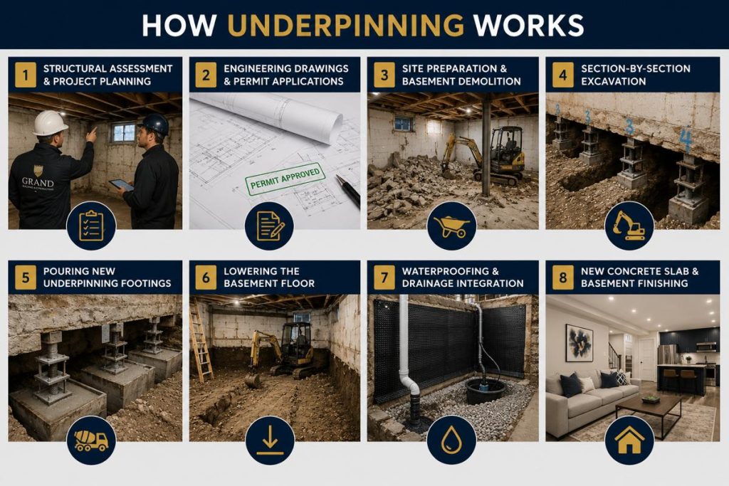 Infographic-style image showing permits, engineering, and regulations for basement underpinning in Toronto. The design features six large icons representing building permits, structural engineering, ceiling height requirements, drainage and waterproofing, inspections, and legal basement apartments over a background of engineering drawings, permit documents, and construction plans.