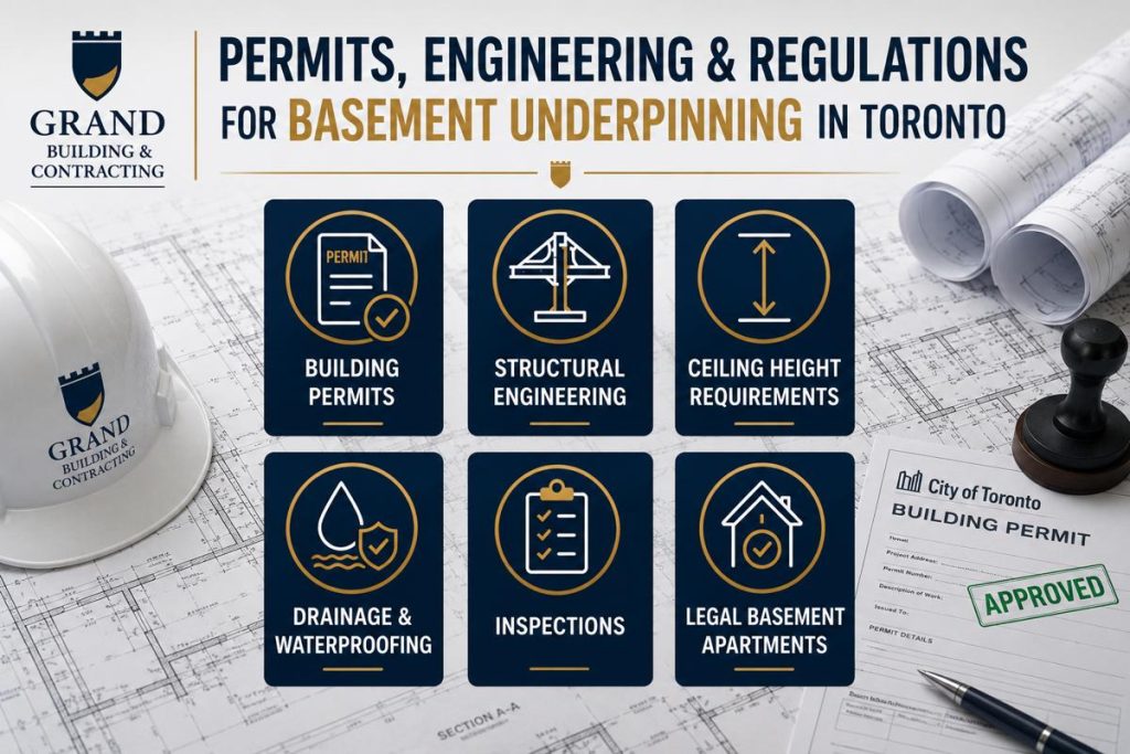 Clean infographic-style image about permits, engineering, and regulations for basement underpinning in Toronto. The design features six large navy and gold icons representing building permits, structural engineering, ceiling height requirements, drainage and waterproofing, inspections, and legal basement apartments over a subtle engineering blueprint background with Grand Building & Contracting branding