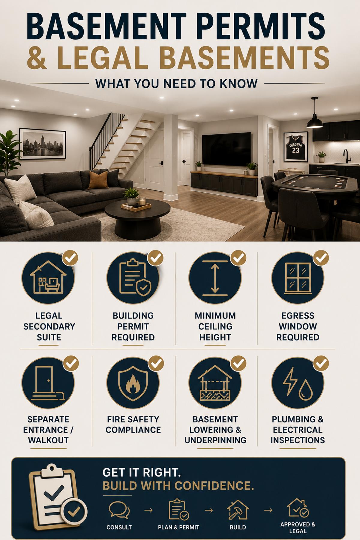 Infographic titled "Basement Permits & Legal Basements: What You Need to Know" featuring a modern finished basement with entertainment area, checklist-style icons highlighting legal secondary suites, building permits, minimum ceiling height, egress windows, separate entrances, fire safety compliance, basement lowering and underpinning, and plumbing and electrical inspections, with a call-to-action reading "Get It Right. Build With Confidence."