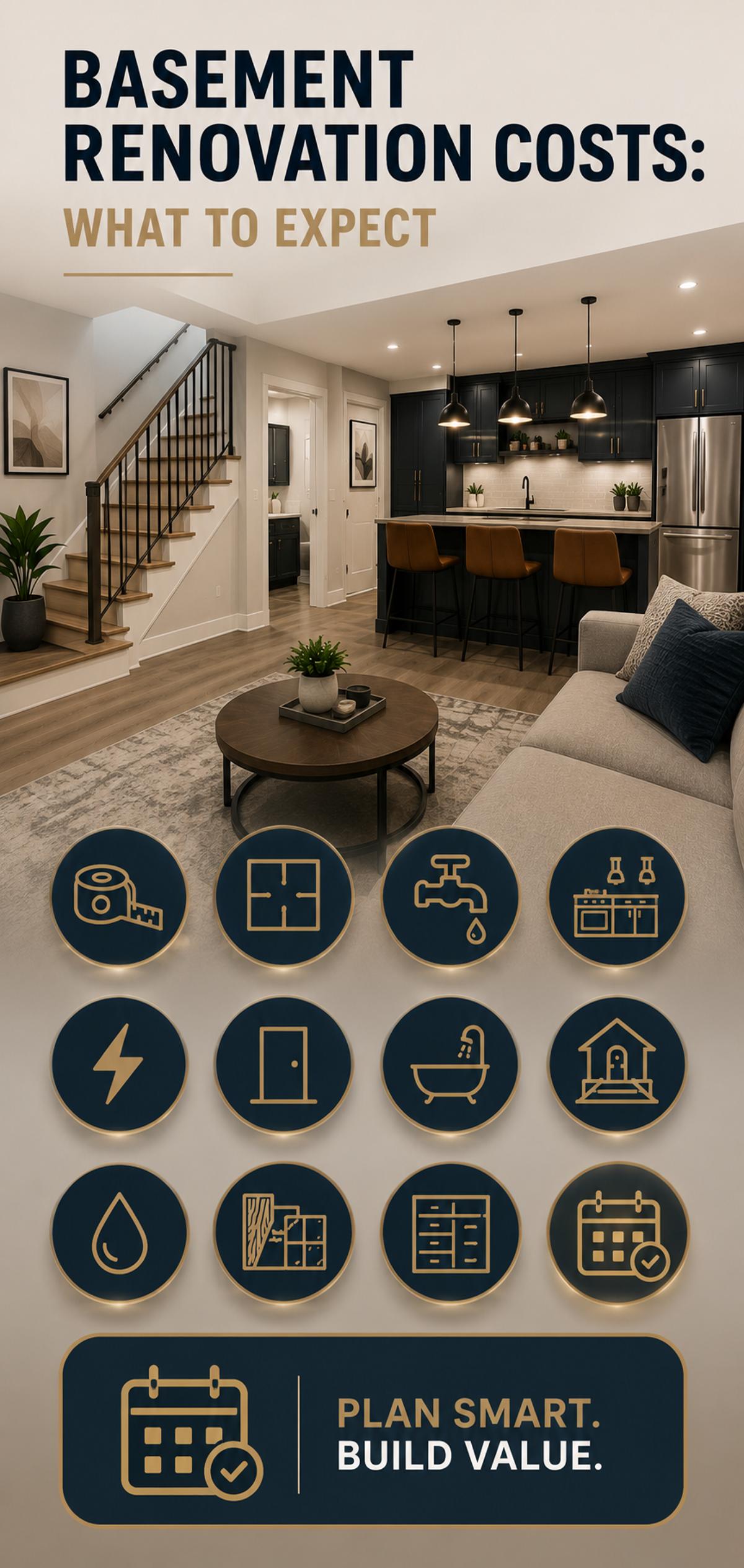 Infographic titled "Basement Permits & Legal Basements: What You Need to Know" featuring a modern finished basement with entertainment area, checklist-style icons highlighting legal secondary suites, building permits, minimum ceiling height, egress windows, separate entrances, fire safety compliance, basement lowering and underpinning, and plumbing and electrical inspections, with a call-to-action reading "Get It Right. Build With Confidence."