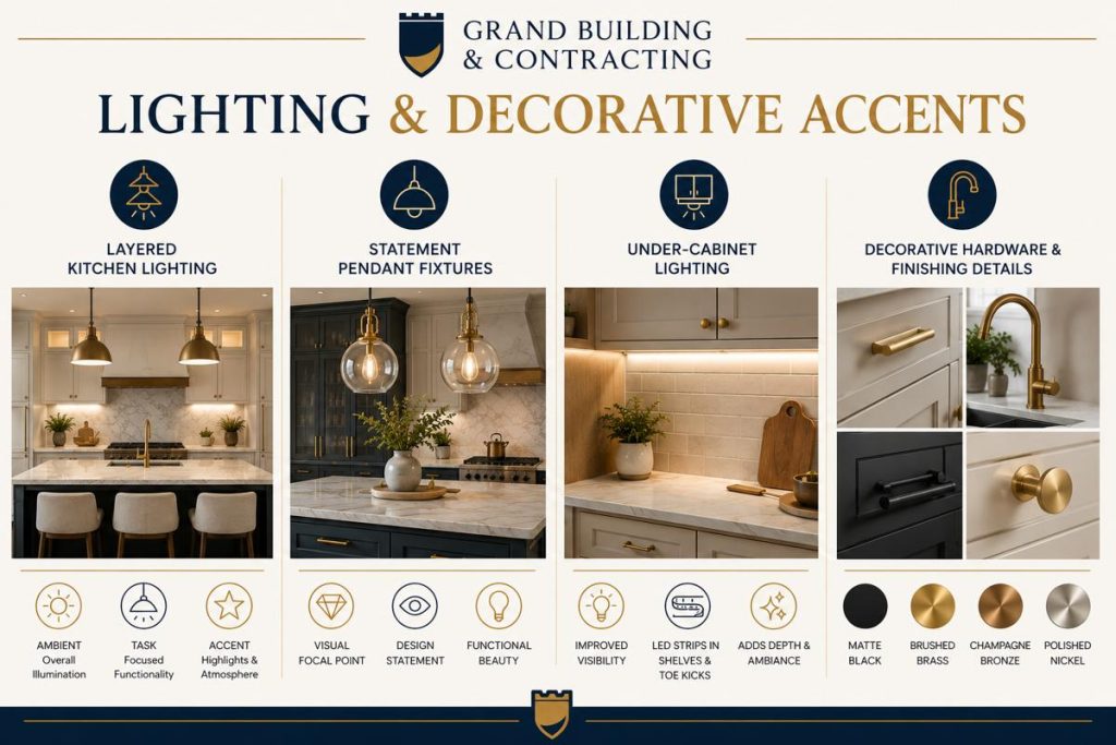 Kitchen lighting and decorative accents infographic featuring layered kitchen lighting, statement pendant fixtures, under-cabinet LED lighting, and decorative hardware finishes. The design highlights modern kitchen renovation trends that improve functionality, ambiance, and visual appeal through thoughtful lighting design and premium finishing details.