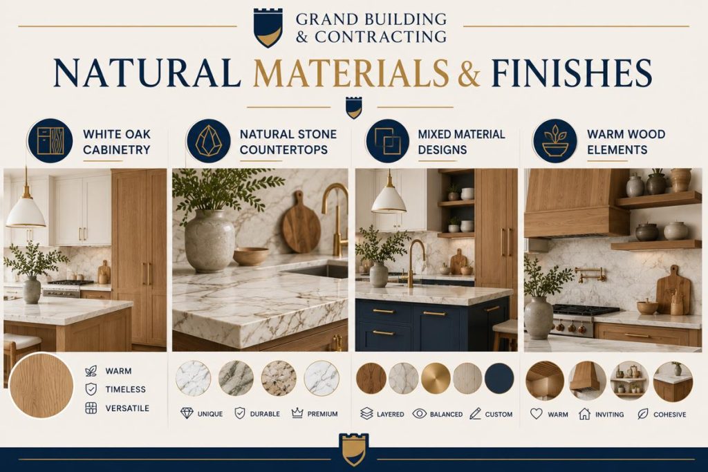 Natural materials and finishes kitchen design infographic featuring white oak cabinetry, natural stone countertops, mixed material kitchen designs, and warm wood accents. The infographic highlights popular kitchen renovation trends using wood, stone, metal, and organic finishes to create timeless, inviting, and functional kitchen spaces.
