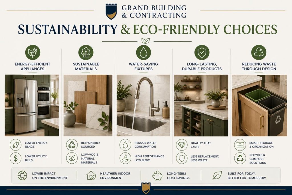 Sustainability and eco-friendly kitchen renovation infographic featuring energy-efficient appliances, sustainable materials, water-saving fixtures, durable kitchen products, and waste-reduction design solutions. The infographic highlights environmentally conscious kitchen upgrades that improve efficiency, reduce utility costs, and support long-term sustainability.