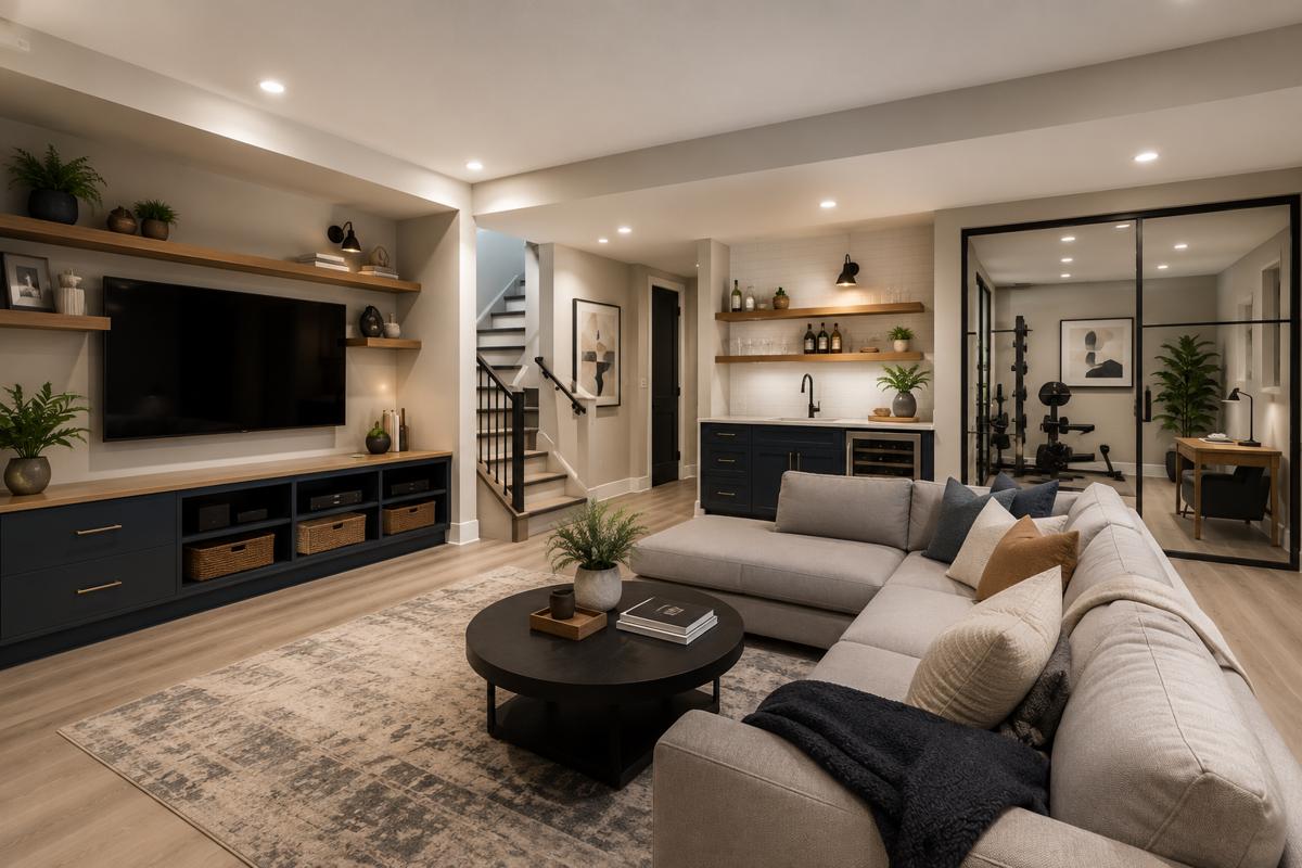 Modern finished basement featuring an open-concept layout with a spacious family room, built-in media wall, wet bar, and a glass-enclosed home gym or office, showcasing a functional and versatile basement design.