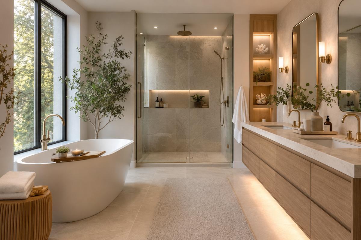 Luxury spa-inspired bathroom featuring a freestanding bathtub, walk-in glass shower, floating wood vanity, stone vessel sinks, indoor plants, natural textures, and warm ambient lighting.