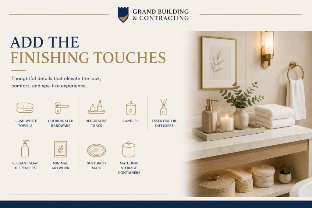 Luxury spa bathroom accessories including plush white towels, candles, decorative tray, soap dispenser, minimal artwork, greenery, and coordinated hardware arranged on a modern bathroom vanity.