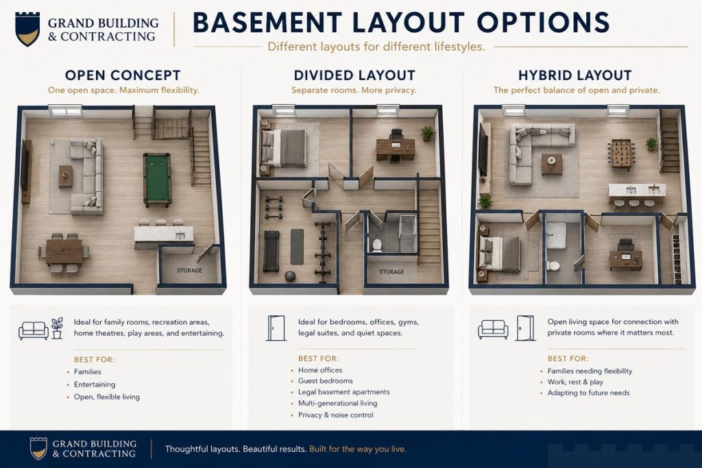 Comparison infographic illustrating three basement floor plan options—open concept, divided layout, and hybrid layout—with simplified floor plan visuals and a summary of the ideal use cases and key benefits for each design style.