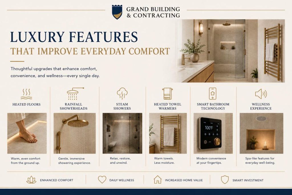 Infographic showcasing luxury bathroom upgrades including heated floors, rainfall showerhead, steam shower, heated towel warmer, smart bathroom controls, and spa-inspired wellness features.