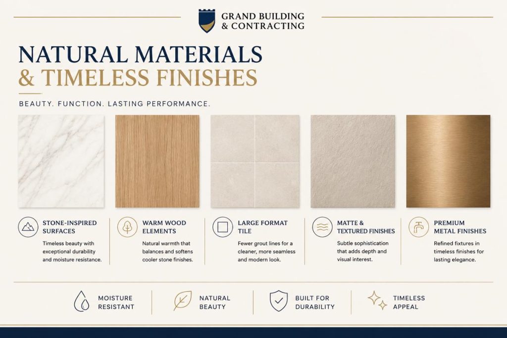 Natural bathroom material palette featuring marble, warm wood, large-format tile, textured finishes, and brushed metal accents.