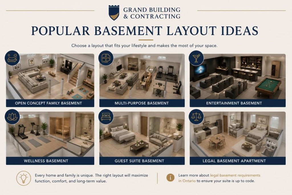 Infographic illustrating six popular basement layout ideas, including an open concept family room, multi-purpose space, entertainment basement, wellness area, guest suite, and legal basement apartment.