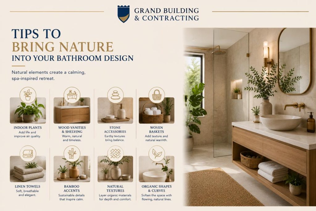 Tips for bringing nature into a bathroom using indoor plants, wood vanities, stone accessories, woven baskets, linen towels, bamboo accents, natural textures, and organic shapes.
