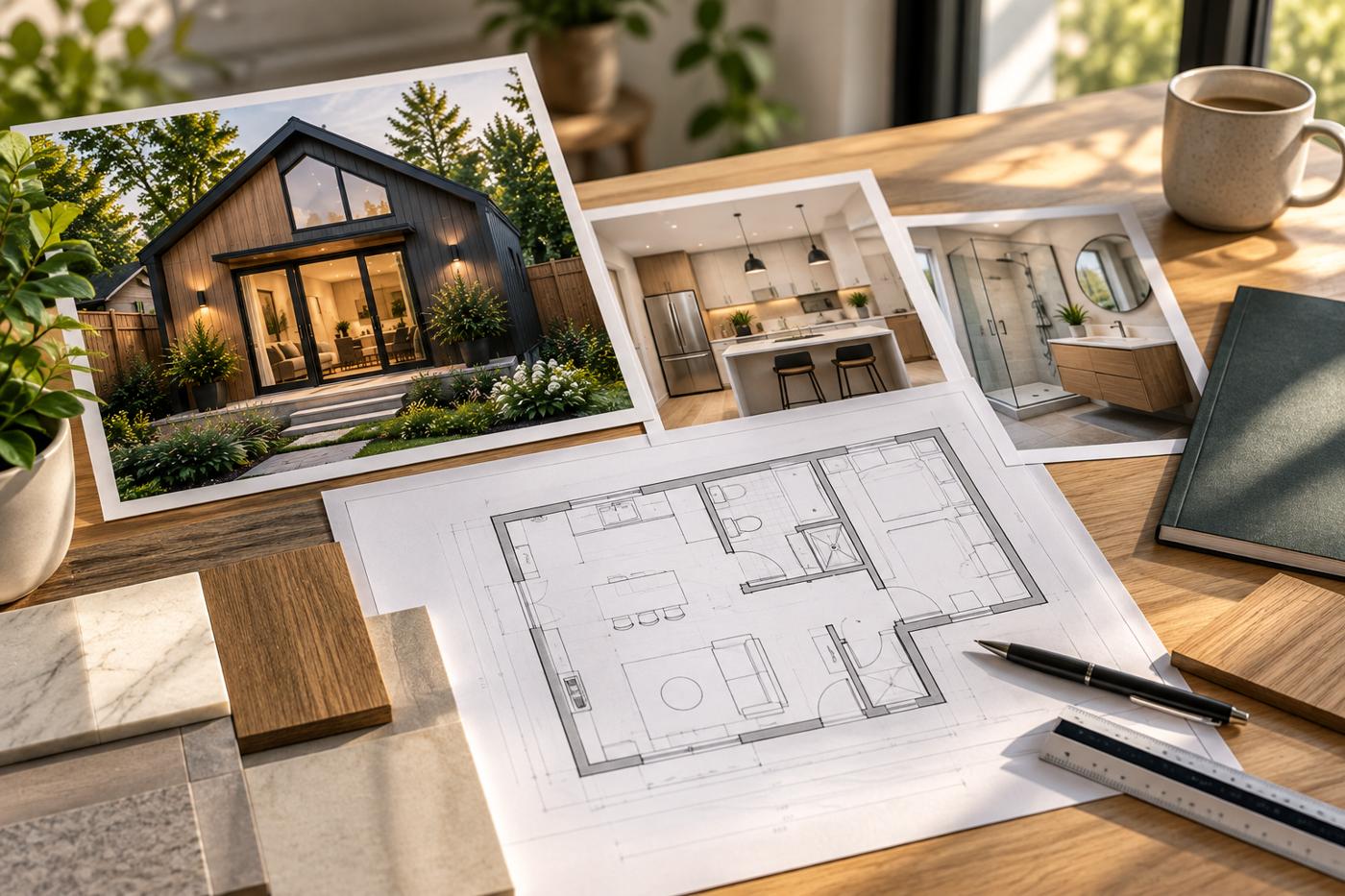 Custom garden suite design plans with floor plans, material samples, and kitchen, bathroom, and exterior design concepts.