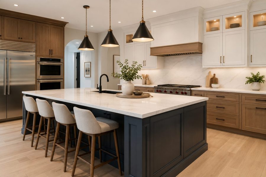 Modern kitchen with a large dark-panelled island, marble countertop, pendant lighting, built-in storage and counter seating.