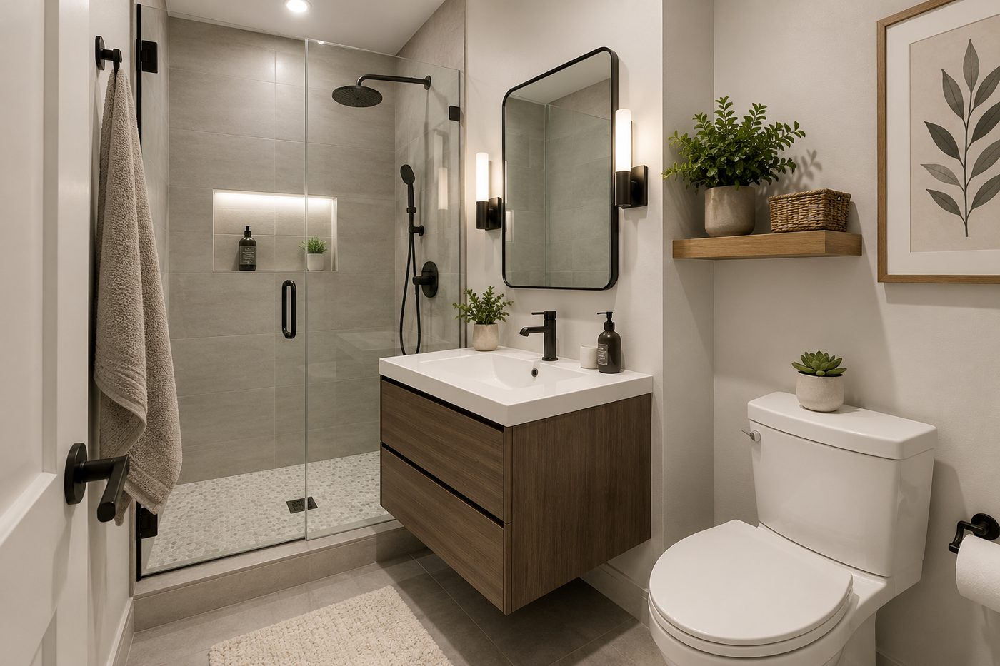 Small bathroom with a floating vanity, walk-in shower, toilet and labeled layered lighting, including ceiling, mirror, shower, accent and natural light.