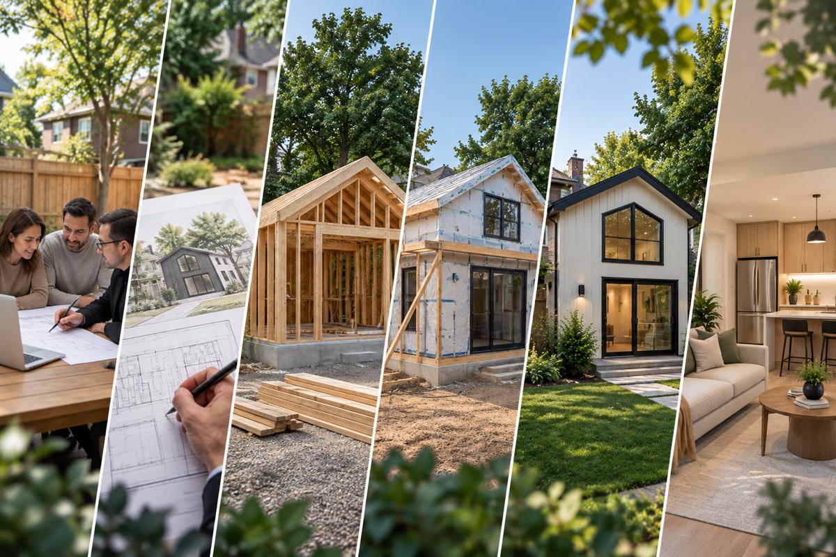 Garden suite building process showing planning, architectural design, framing, construction, and the completed backyard suite.