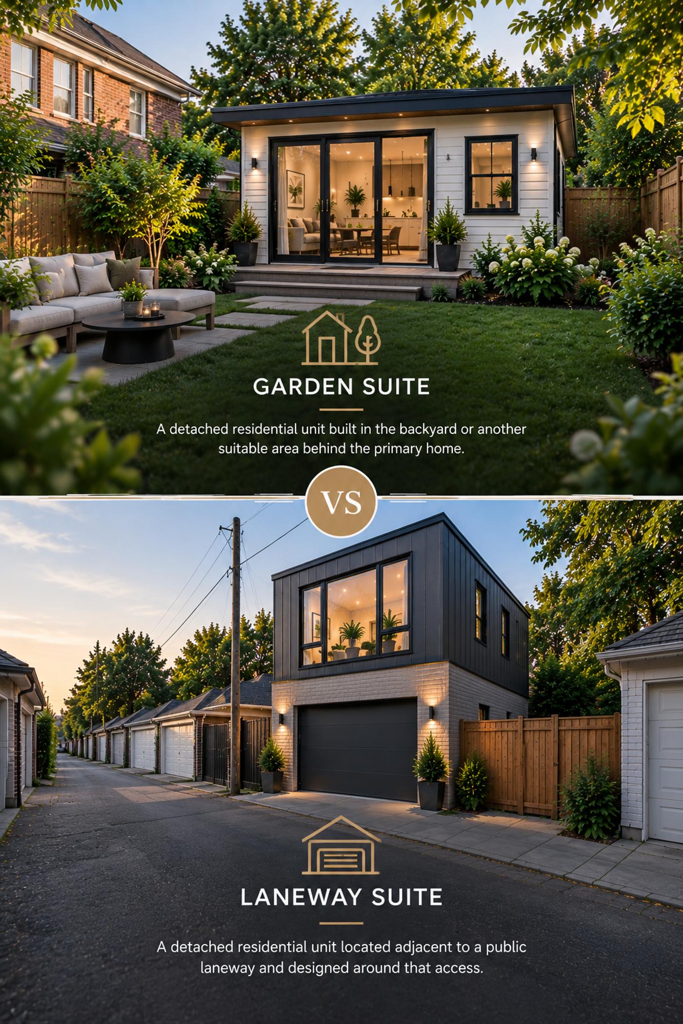 Garden suite vs. laneway suite comparison showing a backyard garden suite and a two-storey laneway home with garage access.