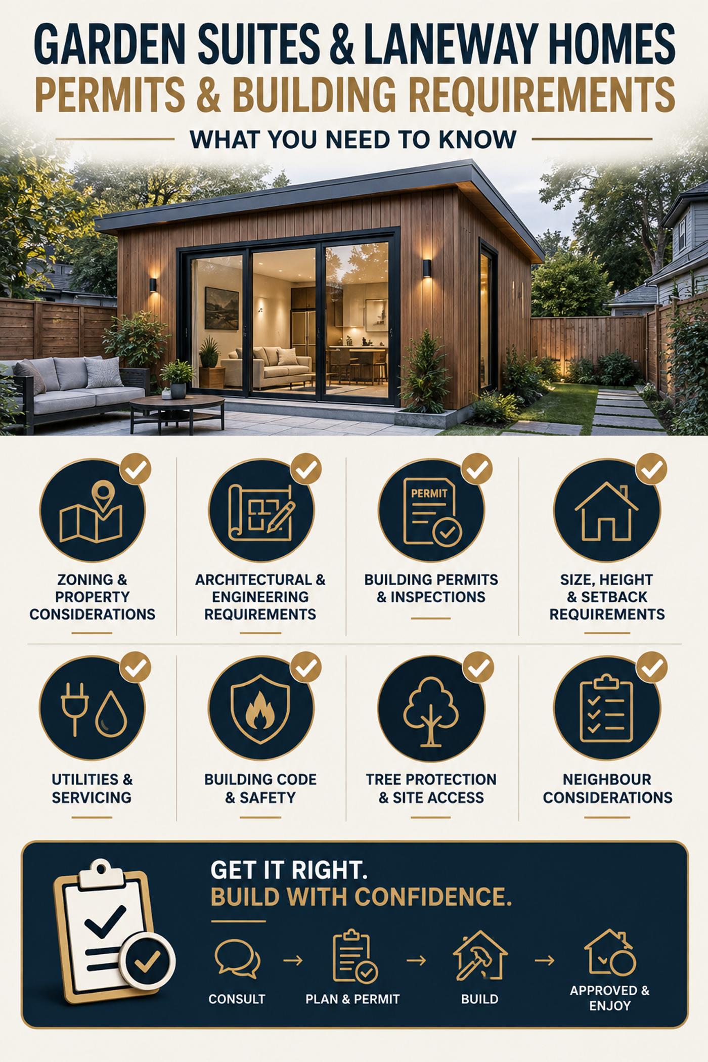 Home addition permits and zoning infographic featuring a modern Toronto home addition with key requirements for zoning, architectural drawings, engineering, building permits, inspections, Ontario Building Code compliance and safety.