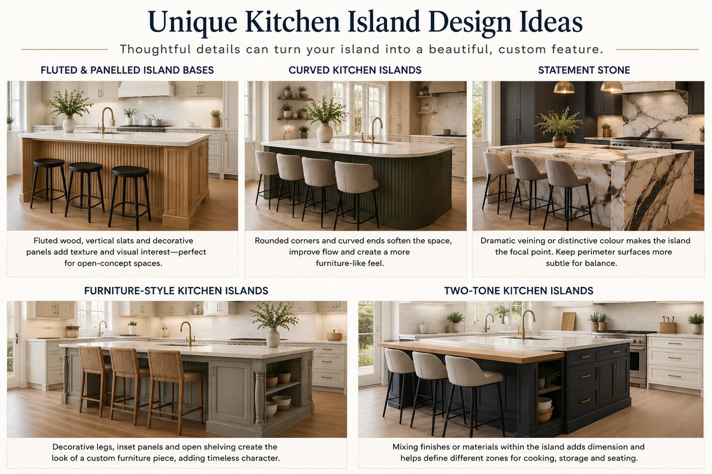 Kitchen island design ideas featuring fluted panels, curved edges, statement stone, furniture-style details and two-tone finishes.