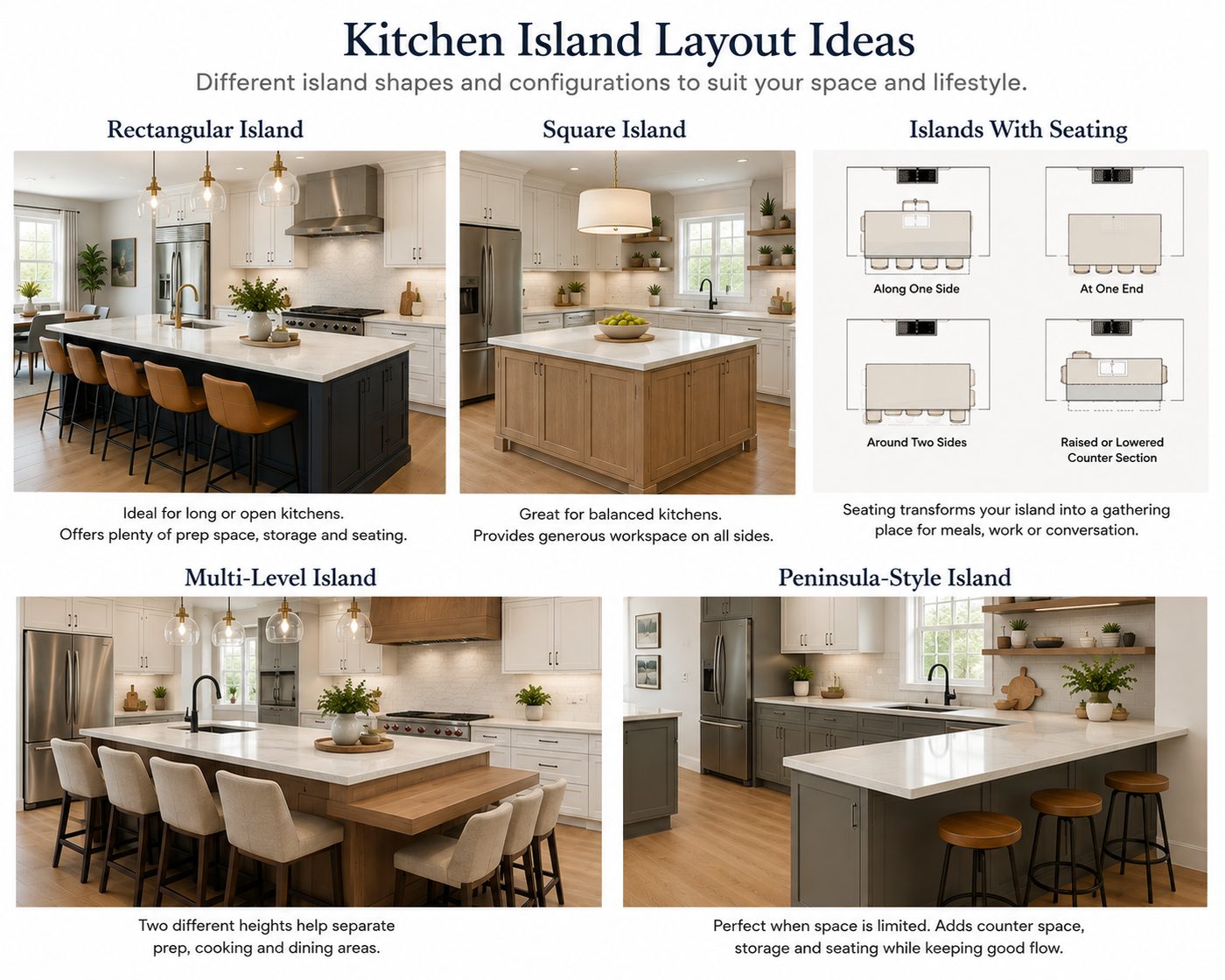 Kitchen island layout ideas showing rectangular, square, seating, multi-level and peninsula-style island designs for different kitchen spaces.