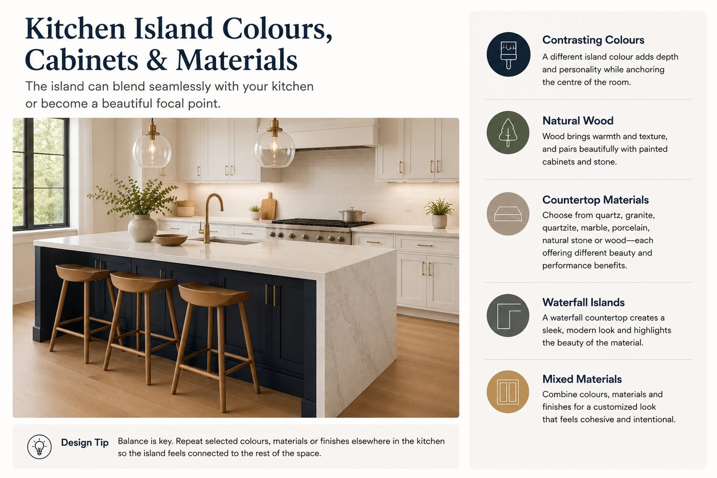 Kitchen island with contrasting navy cabinetry, waterfall stone countertop, wood stools and examples of coordinating colours, materials and finishes.