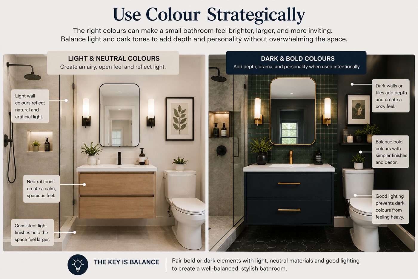 Small bathroom colour comparison showing light neutral finishes and dark bold tones, with examples of how colour and lighting affect the space.