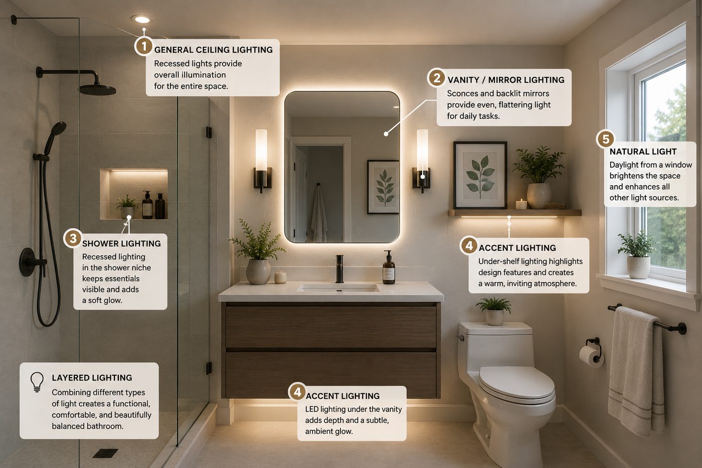 Small bathroom showing layered lighting, including ceiling lights, vanity and mirror lighting, shower lighting, accent lighting and natural light from a window.