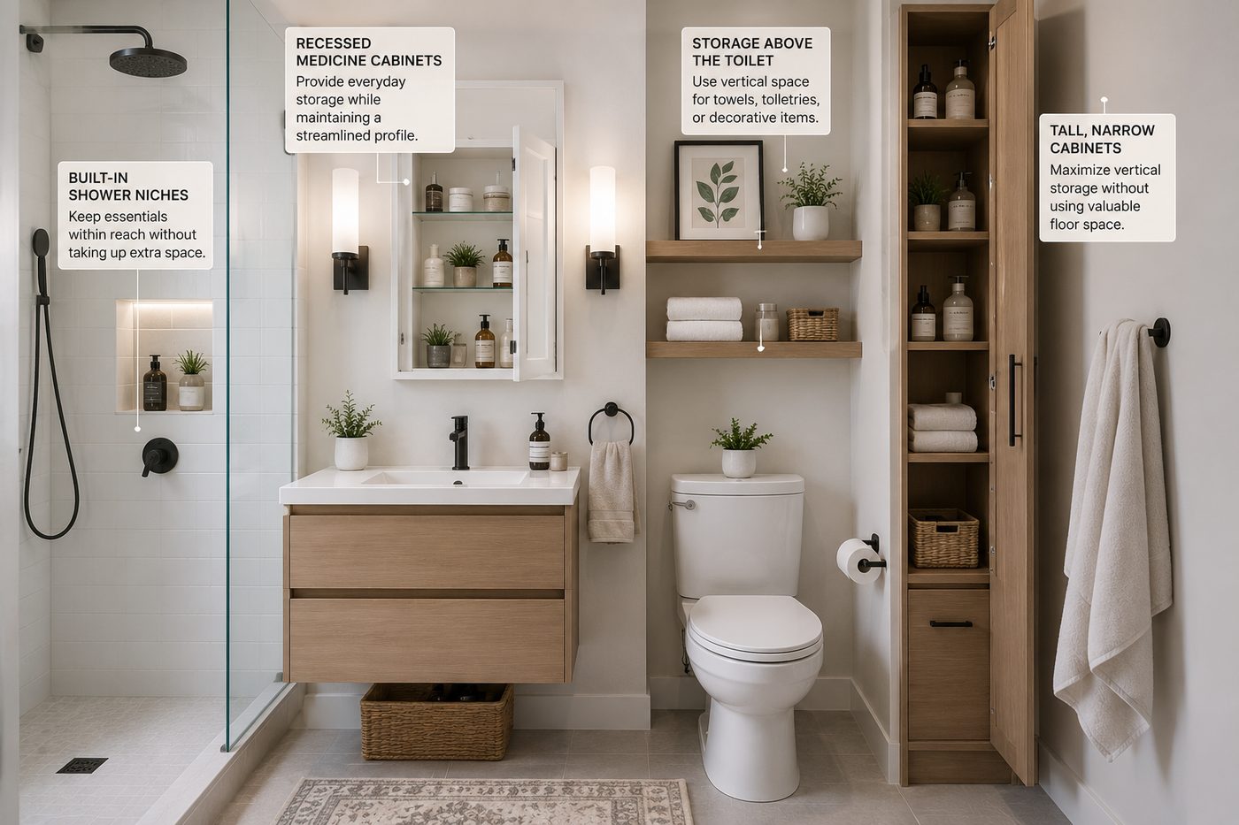 Small bathroom showing space-saving storage solutions, including a recessed medicine cabinet, shower niche, above-toilet shelving and tall vertical cabinetry.