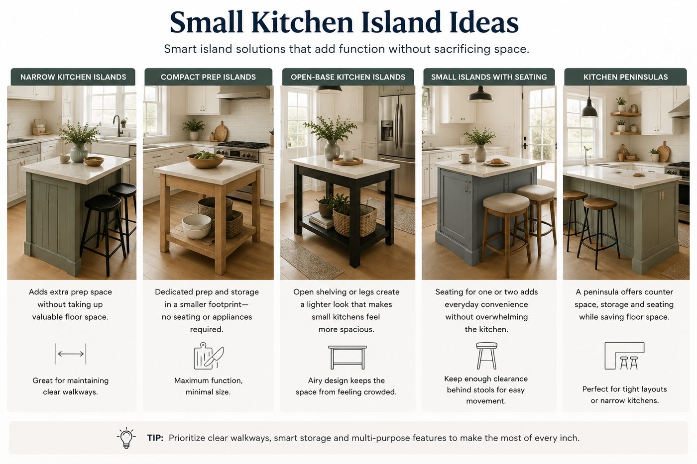 Small kitchen island ideas featuring narrow, compact, open-base, seating and peninsula designs for space-efficient kitchens.