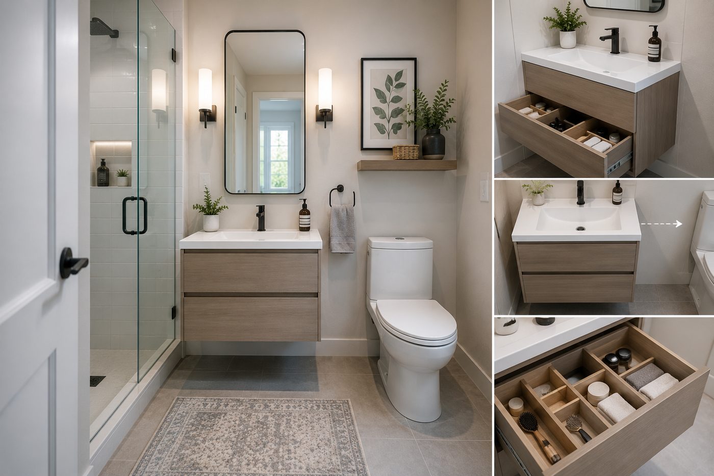 Small modern bathroom with a floating vanity, glass walk-in shower and space-saving storage designed to maximize a compact layout.
