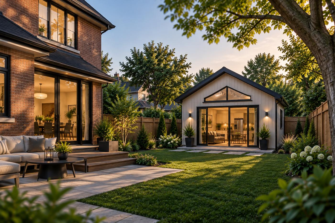 Toronto backyard with a detached garden suite providing additional living space behind the main home.