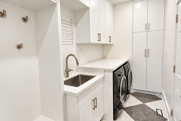 Modern White Laundry Mudroom with Diamond Tile Floor - Thornhill - Maple