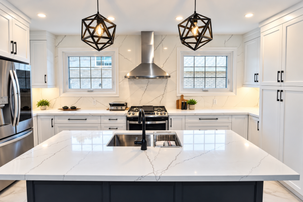 Modern open concept kitchen with island and full stone splash - Etobicoke - Toronto