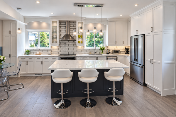 Bright Contemporary Kitchen with Gray Wood Flooring - Markham - Thornhill