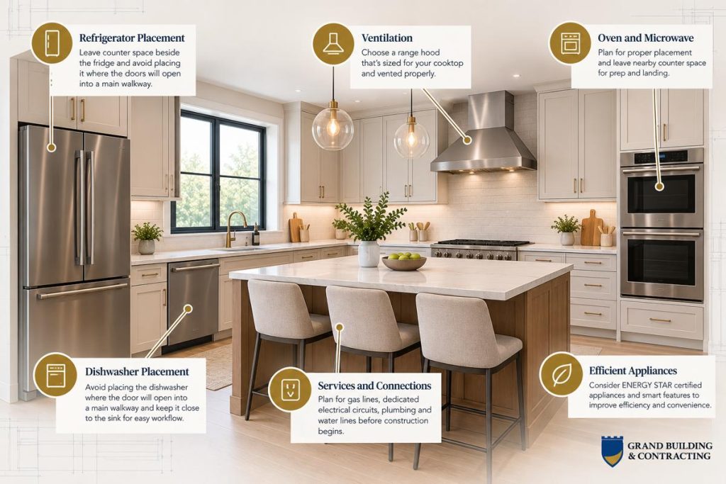 Kitchen appliance planning infographic showing refrigerator, oven, range hood and dishwasher placement, ventilation, electrical and plumbing connections, and energy-efficient appliances in a modern kitchen.