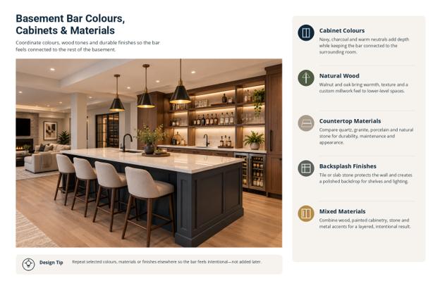 Basement bar design tip covering colours, wood tones, materials, and durable finishes
