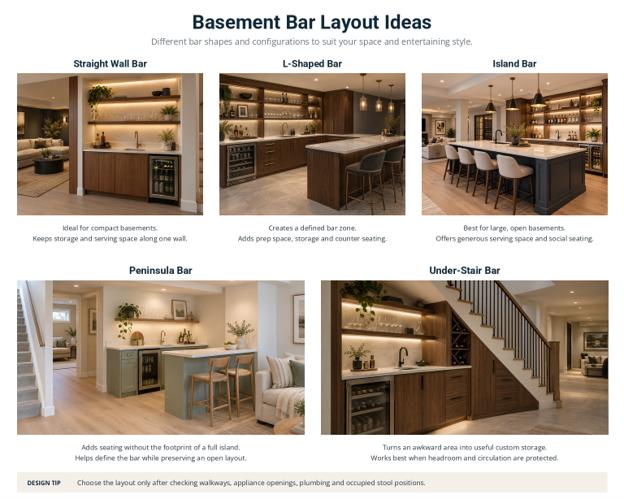 Basement bar layout ideas showing wall, L-shaped, island and peninsula bar configurations with guidance for seating and circulation.