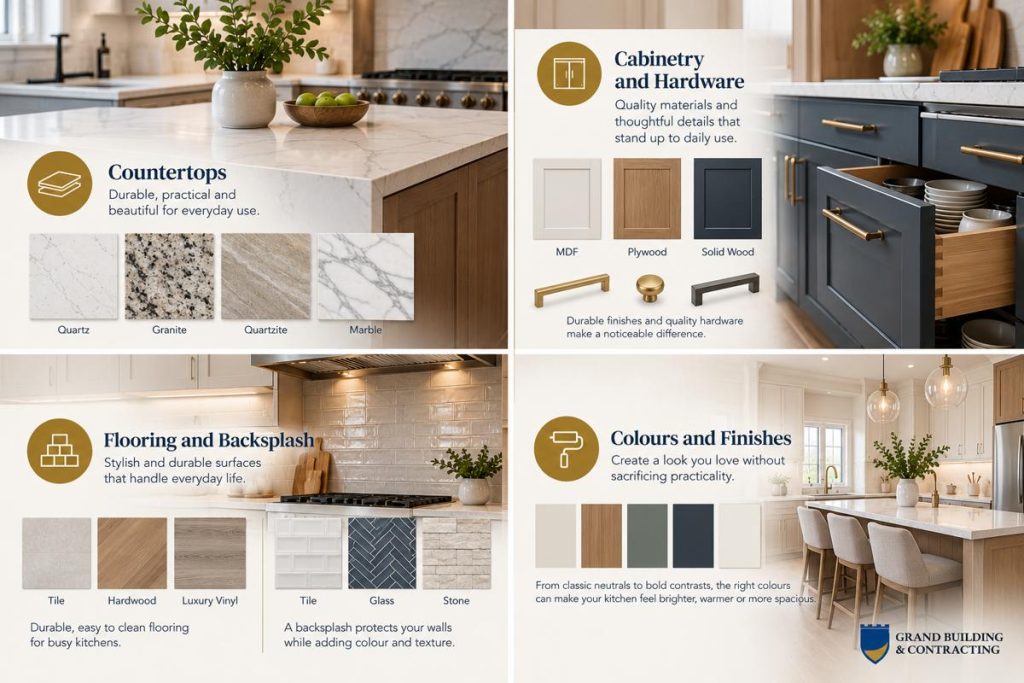 Kitchen materials and finishes infographic comparing quartz, granite, quartzite and marble countertops, cabinetry and hardware options, flooring, backsplash materials and colour palettes.