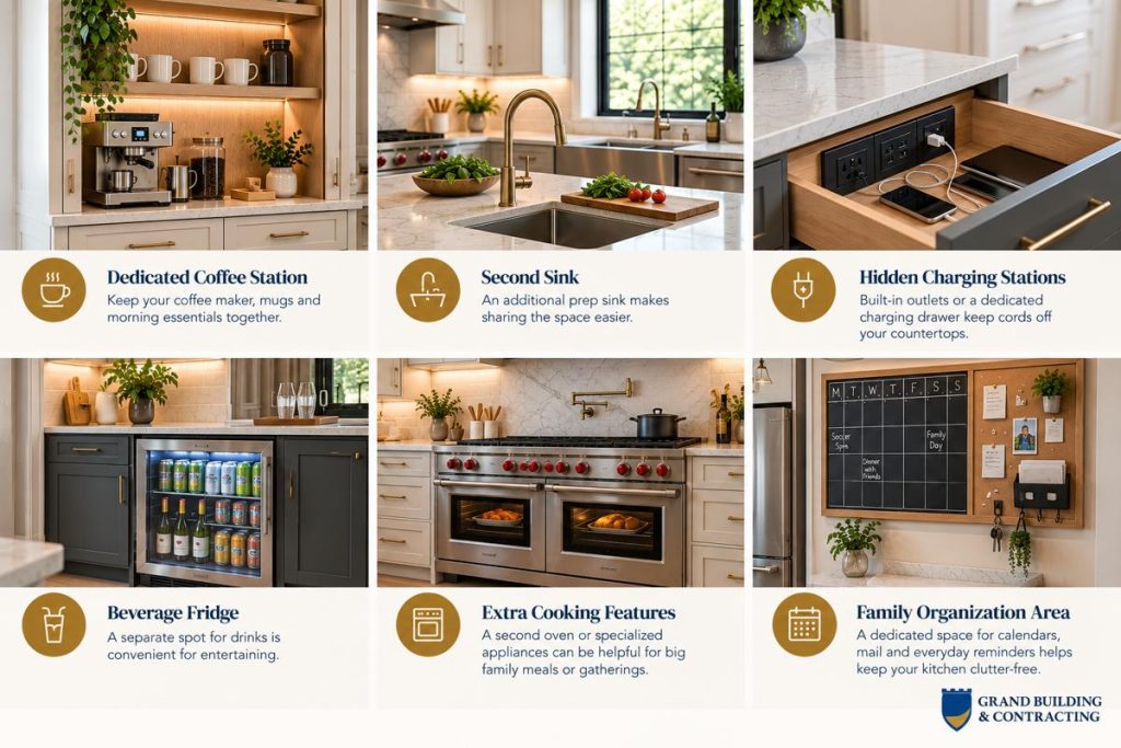 Functional kitchen design ideas infographic featuring a coffee station, second prep sink, hidden charging drawer, beverage fridge, double oven and wall-mounted family organization board.
