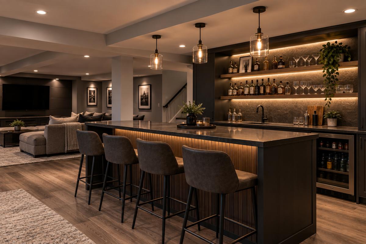 Modern finished basement with a walnut wet bar, pale stone countertop, bar seating, warm lighting and an adjoining lounge.
