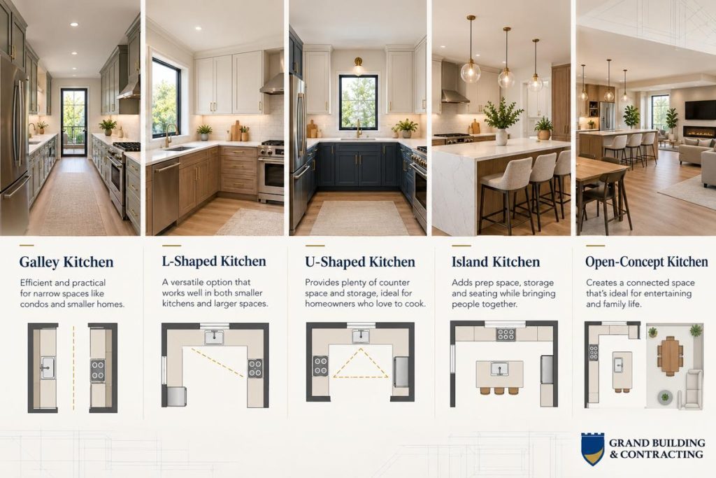 Kitchen layout comparison infographic showing galley, L-shaped, U-shaped, island and open-concept kitchens with modern kitchen photos and illustrated floor plans.