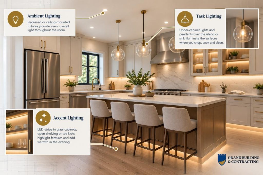 Kitchen lighting infographic showing ambient recessed ceiling lights, task lighting from pendant and under-cabinet fixtures, and accent LED lighting in cabinets, shelving and toe kicks.