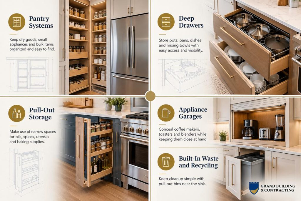 Kitchen storage solutions infographic featuring pantry systems, deep drawers, pull-out spice racks, appliance garages, and built-in waste and recycling bins.